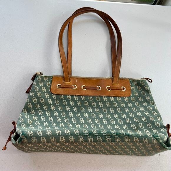 Dooney & Bourke Satchel Handbag Signature DB Denim Leather Trim Carry On Bag - Picture 3 of 16